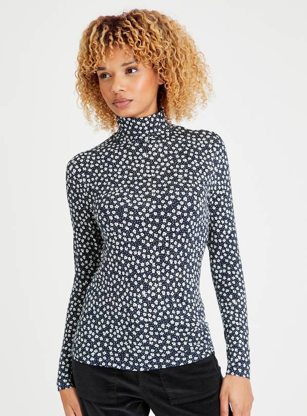 Navy Ditsy Printed Roll Neck Top 20